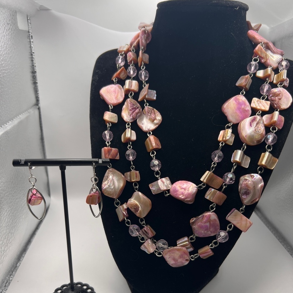 Pink Tourmaline 3 strand necklace and pierced earrings set